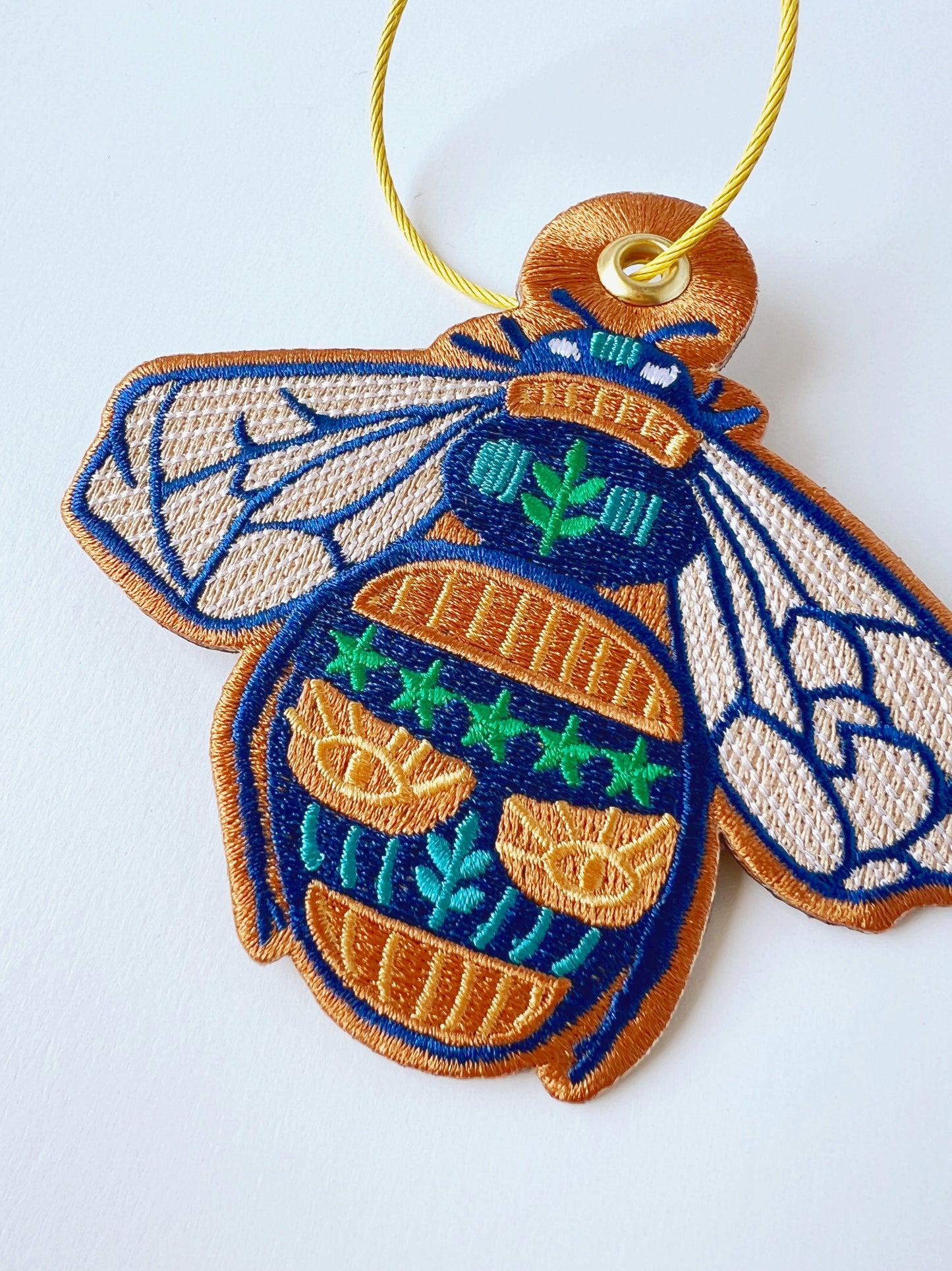 Bee embroidered bag charm keychain
