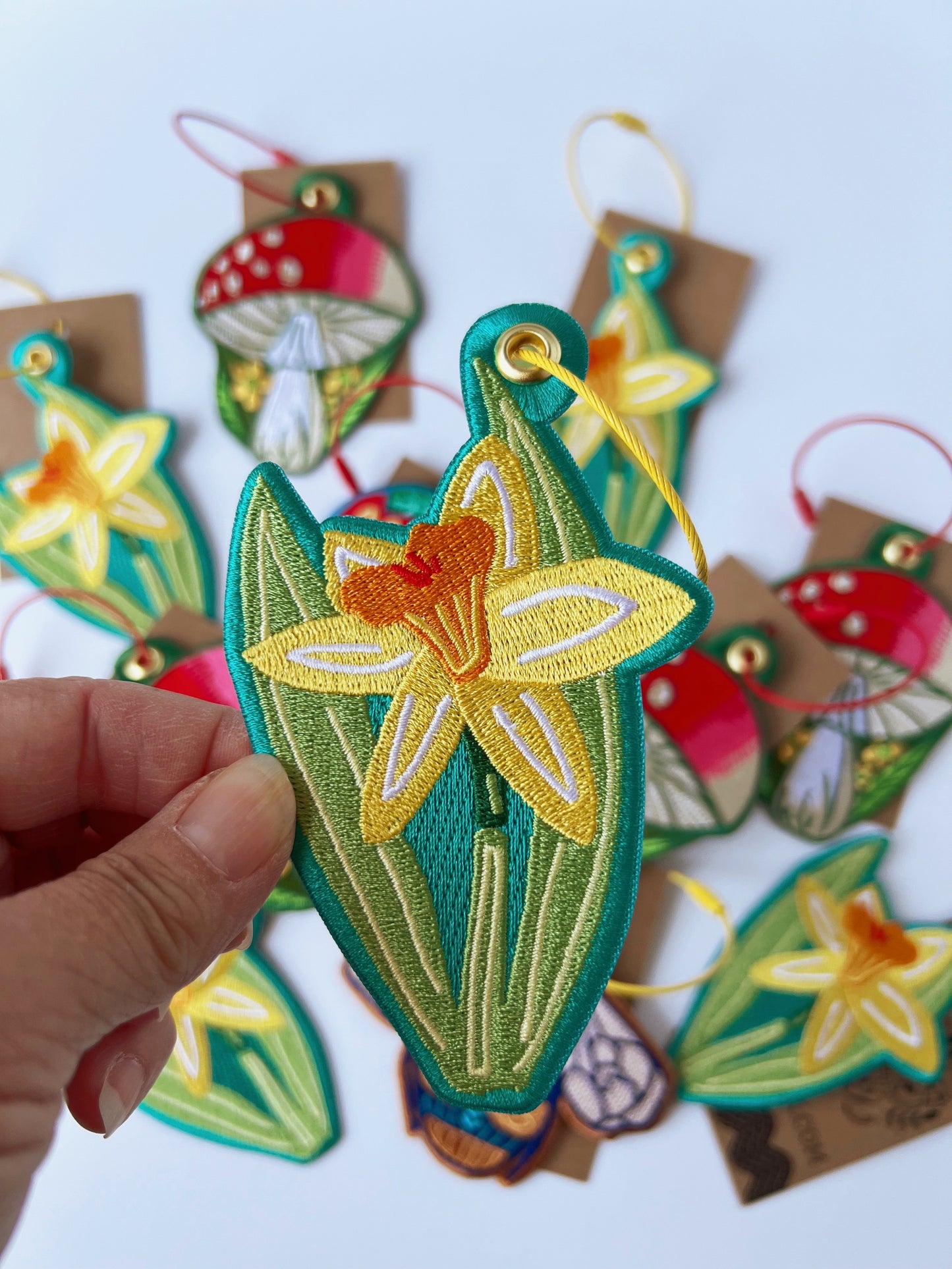 Daffodil embroidered bag charm keychain