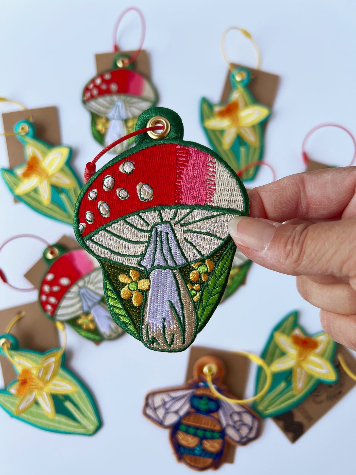 Mushroom embroidery bag charm keychain