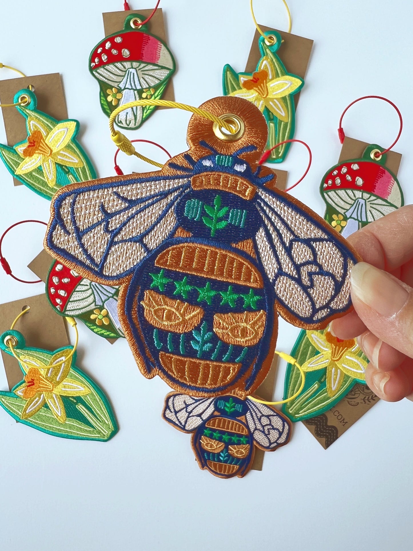 Bee embroidered bag charm keychain