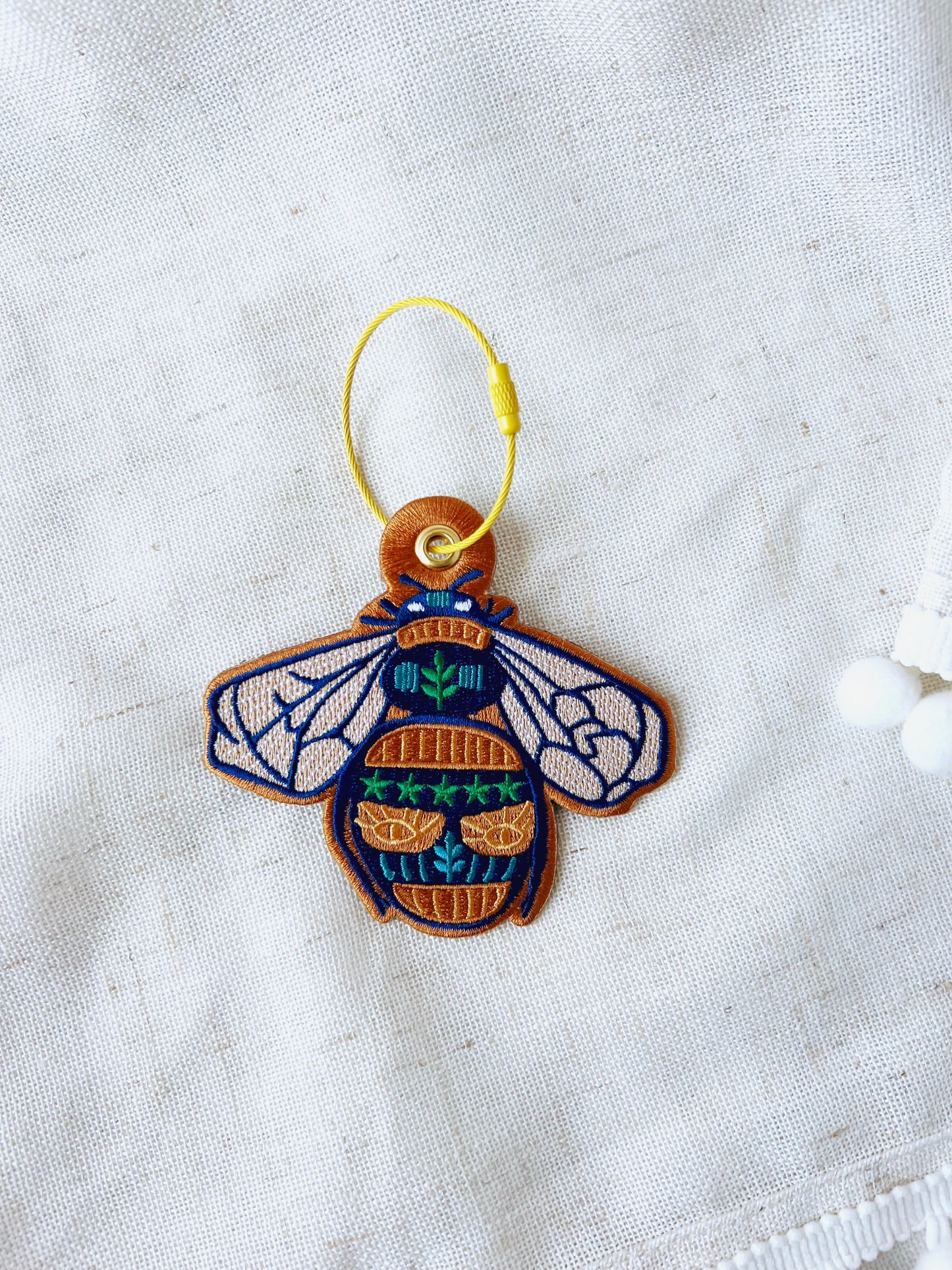 Bee embroidered bag charm keychain