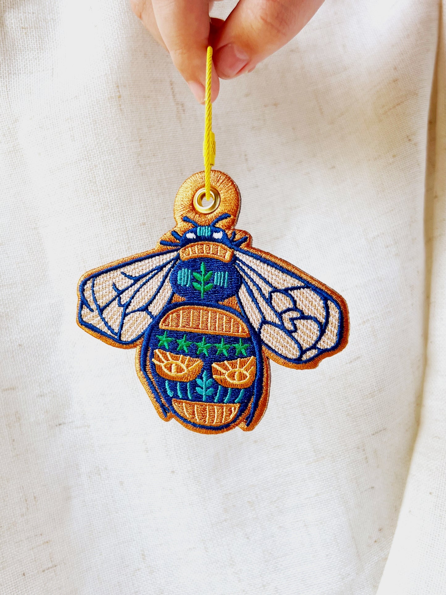 Bee embroidered bag charm keychain
