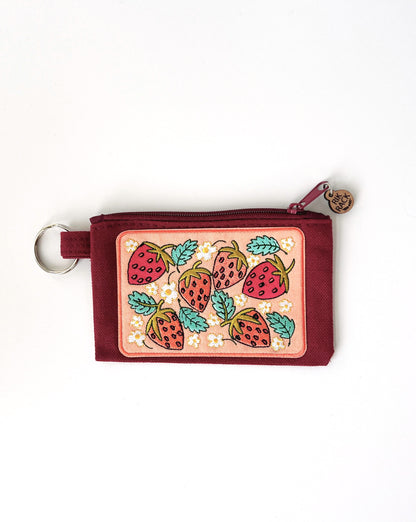 Strawberries embroidered zipper keyring pouch wallet