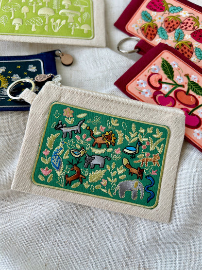 Wildlife embroidered zipper keyring pouch wallet