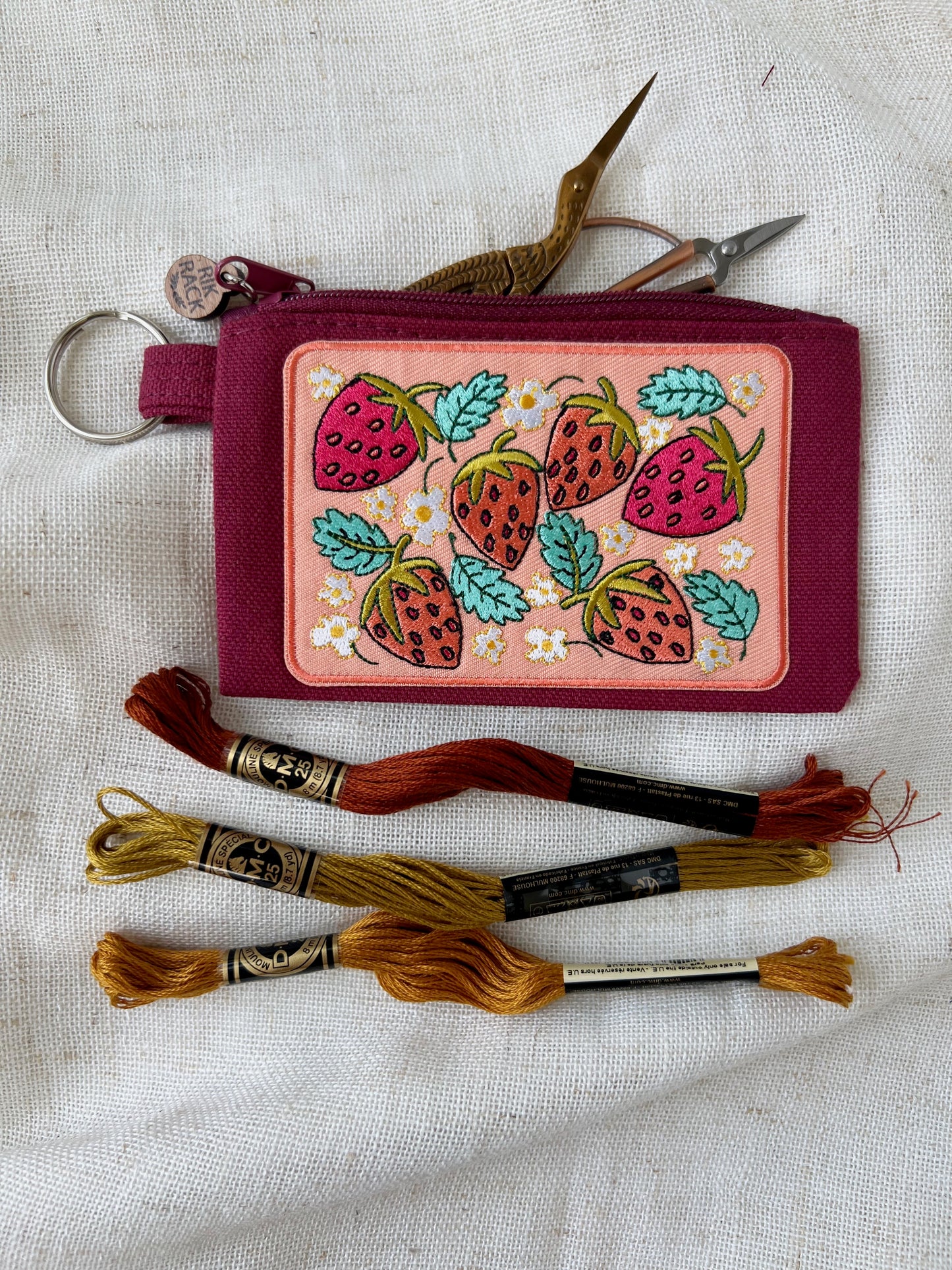 Strawberries embroidered zipper keyring pouch wallet