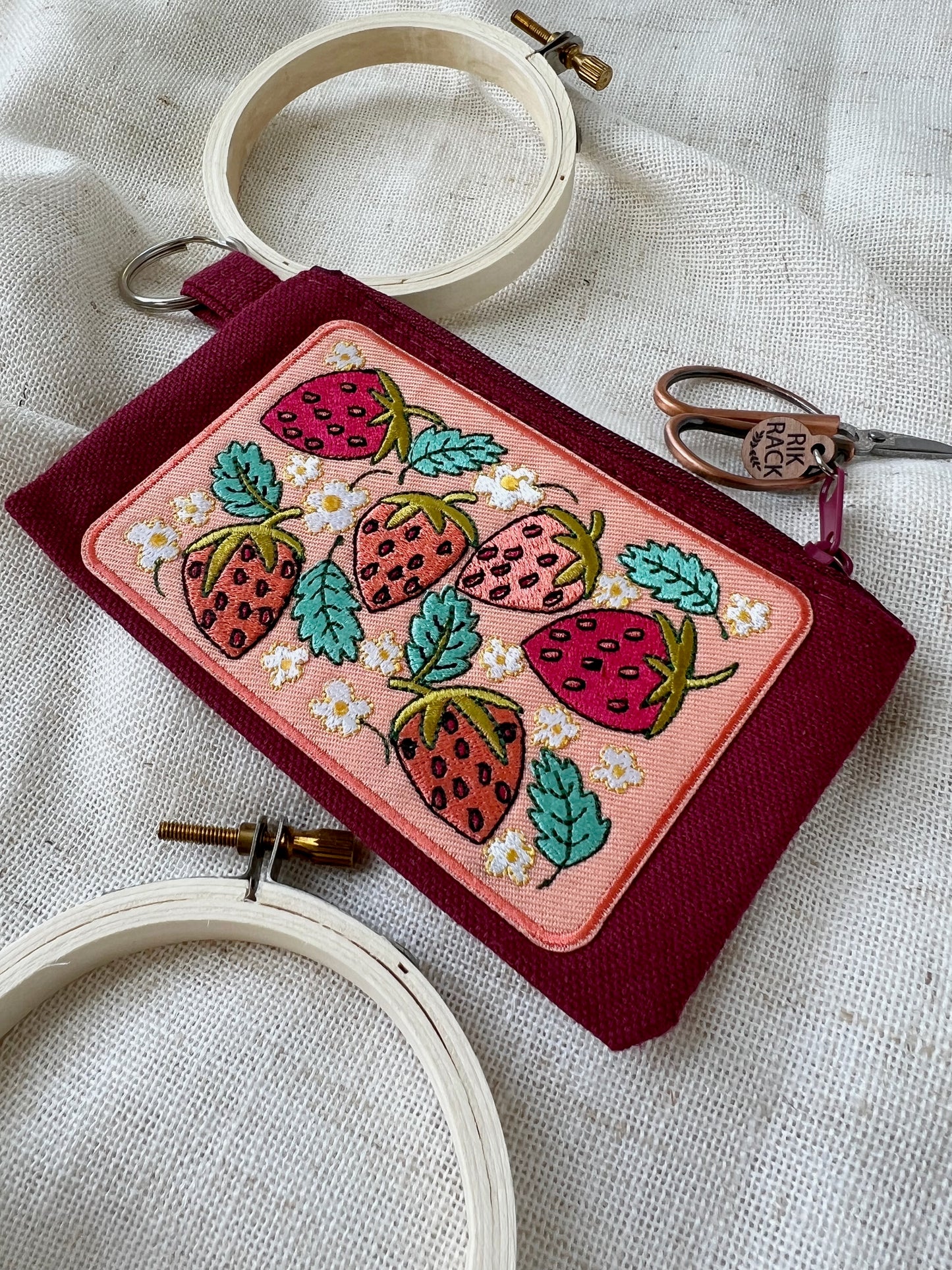 Strawberries embroidered zipper keyring pouch wallet