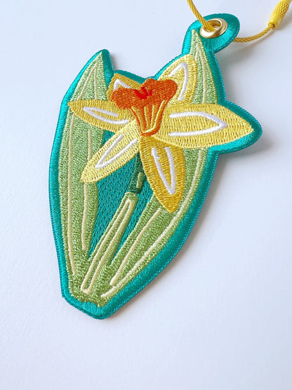 Daffodil embroidered bag charm keychain