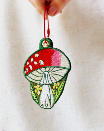 Mushroom embroidery bag charm keychain
