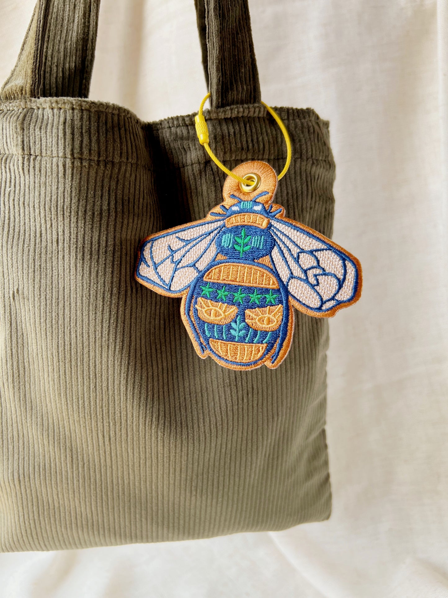 Bee embroidered bag charm keychain