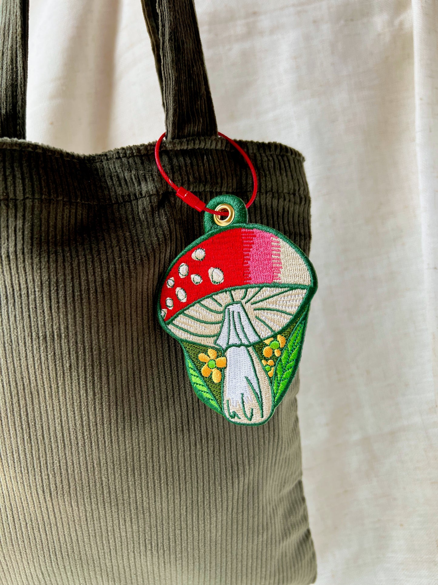 Mushroom embroidery bag charm keychain