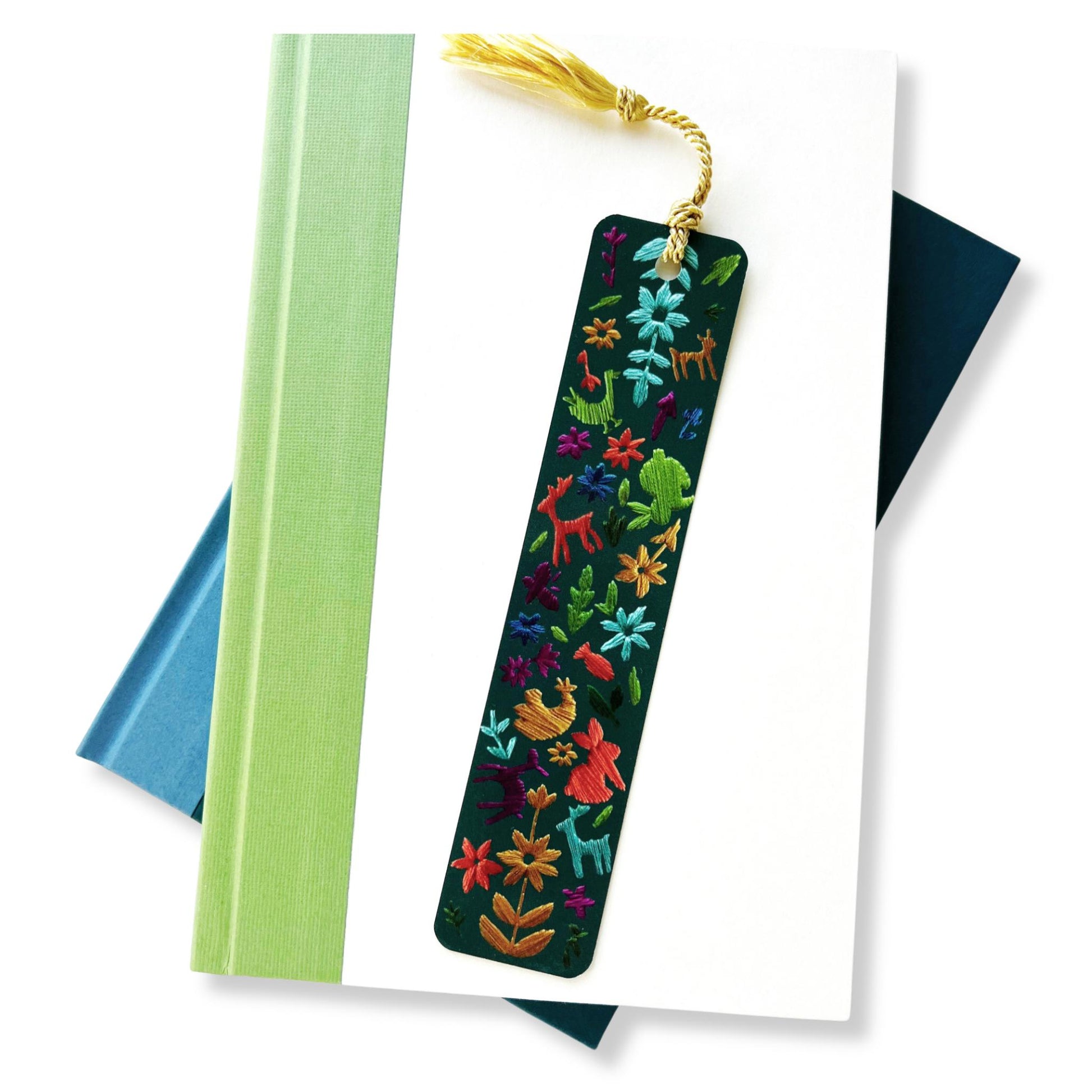 dark green bookmark with embroidered animals and flowers by Rikrack