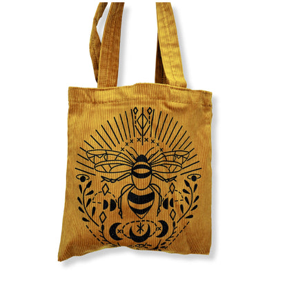 corduroy tote bag with bee silkscreened bee design