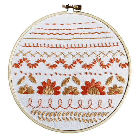 Embroidery sampler PDF pattern to learn common embroidery stitches. Made for a 6 inch embroidery hoop