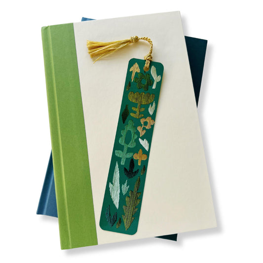 1.5x7 inch forest green bookmark with embroidered flowers and a gold tassel by Rikrack