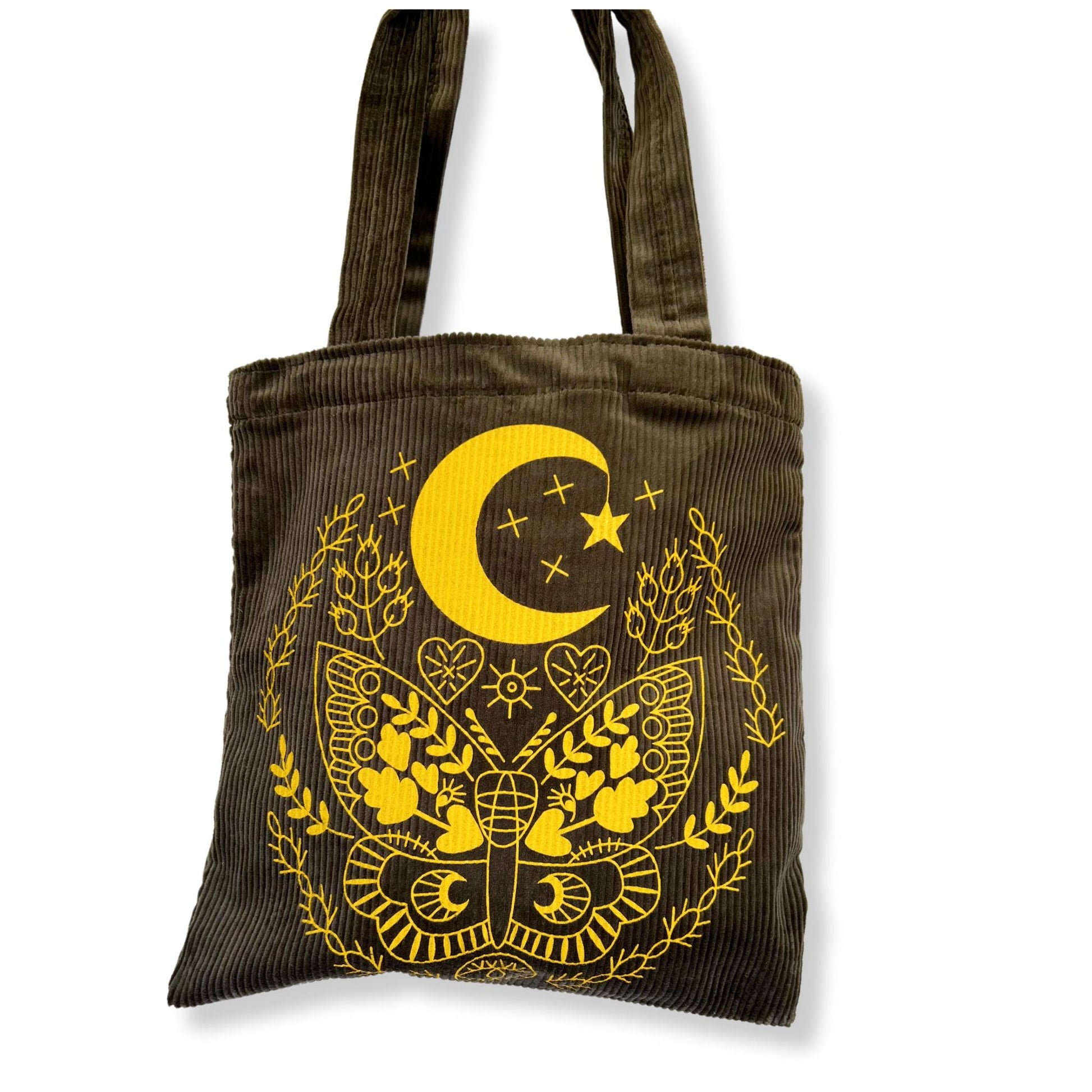 army green corduroy tote bag with yellow moth design silkscreened on the front