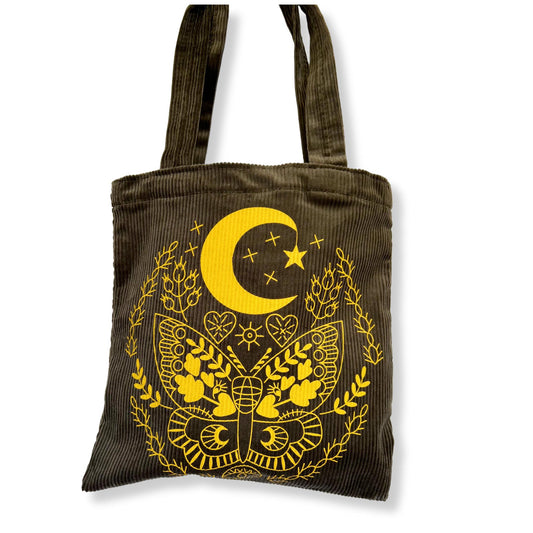 army green corduroy tote bag with yellow moth design silkscreened on the front