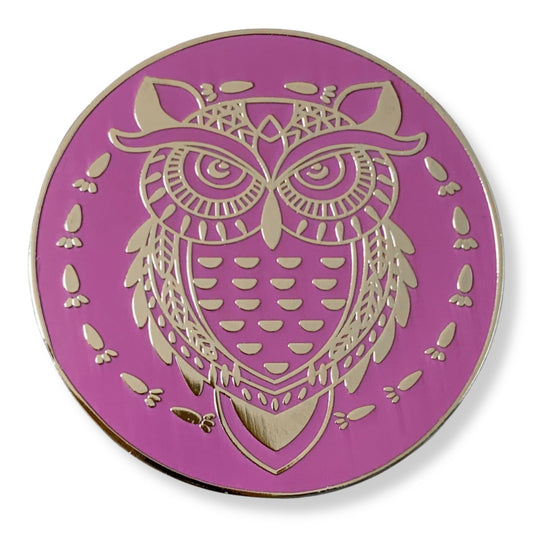 lilac enamel magnetic needle minder with silver owl