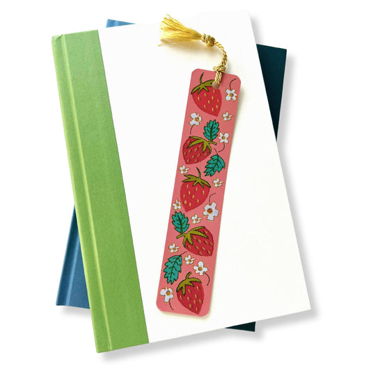 1.5x7 inch bubblegum pink bookmark with realistic stitching of embroidered strawberries by Rikrack