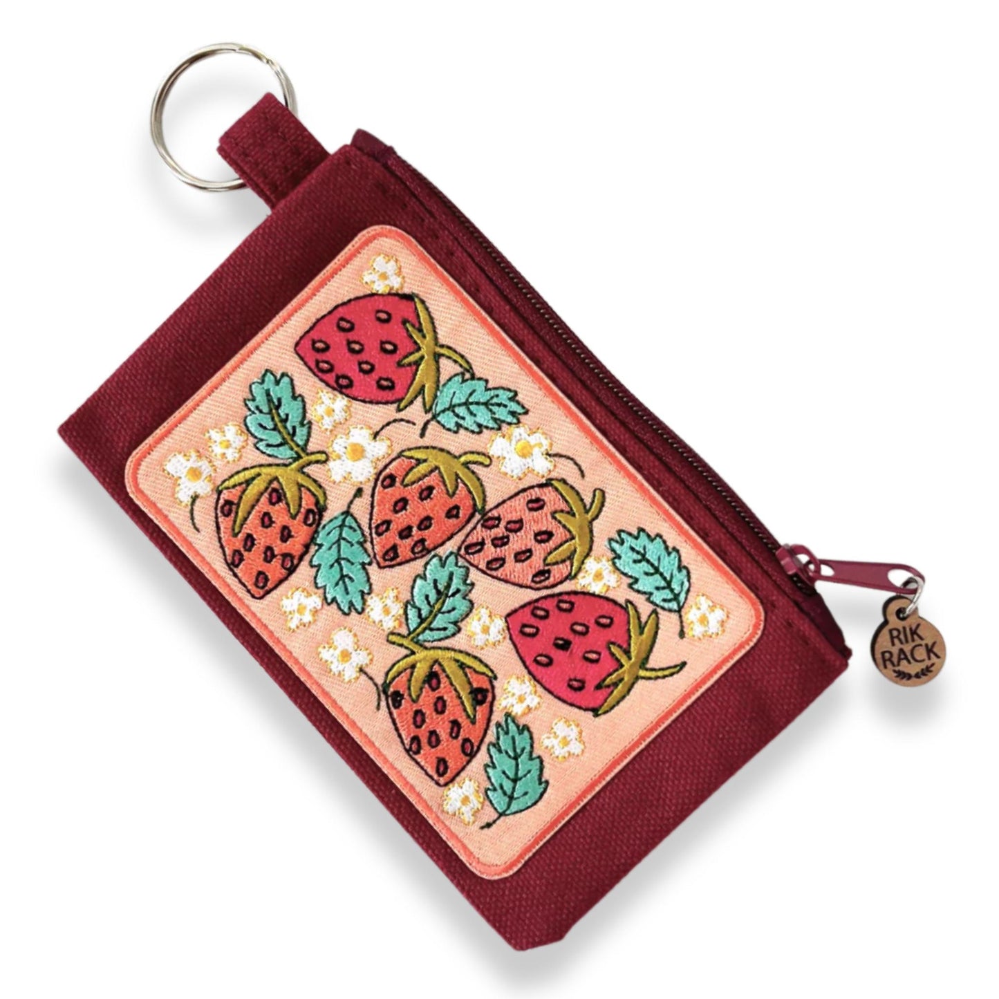 Strawberries embroidered zipper keyring pouch wallet