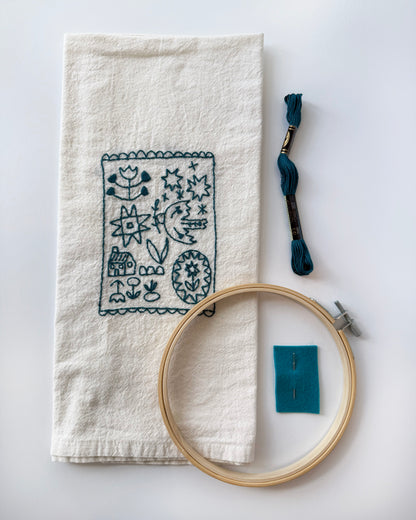 Blue Folklore Tea Towel Embroidery Kit