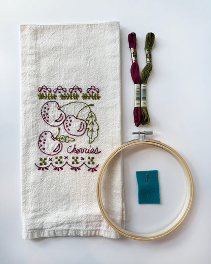 Cherries Tea Towel Embroidery Kit