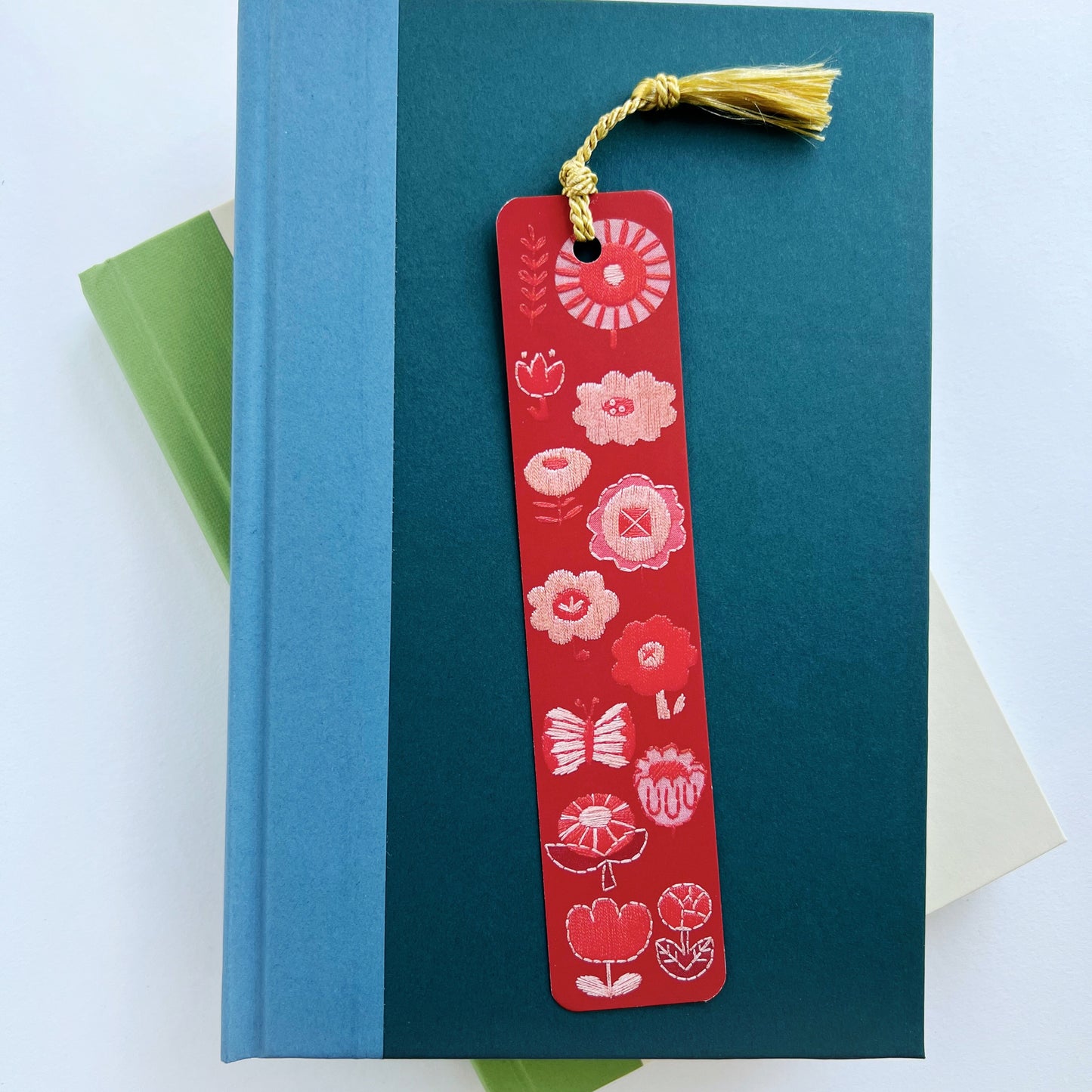 Red Flowers Embroidery Tassel Bookmark