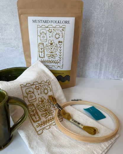 Mustard Folklore Tea Towel Embroidery Kit