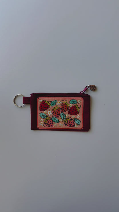 Strawberries embroidered zipper keyring pouch wallet